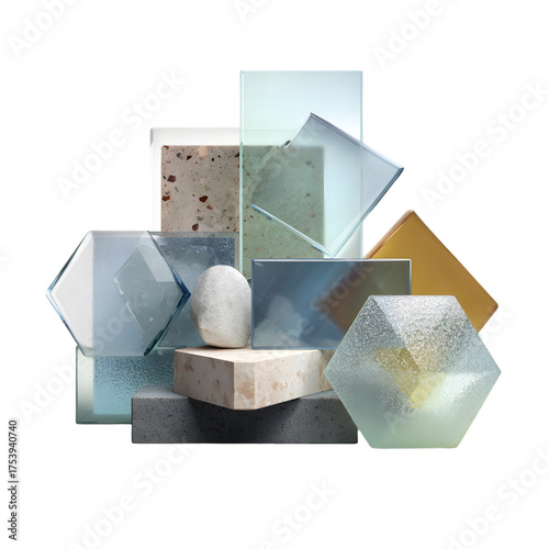 Colorful Geometric Glass and Concrete Sculptures Arrangement on Transparent Background