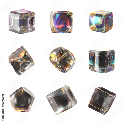 Colorful Glass Cubes with Iridescent Surfaces on Transparent Background