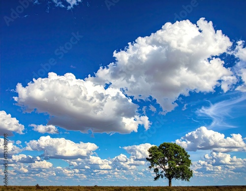 Lone Tree Standing on Grassy Field against Vast Blue Sky Filled with White Cumulus Clouds on Sunny Day