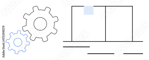 Two interlocking gears next to a minimalist organizational workflow chart with blocks and lines. Ideal for business strategy, workflow planning, process optimization, system management, engineering