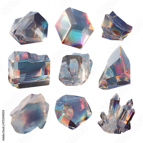 Colorful Iridescent Crystals and Glass Rocks on Transparent Background