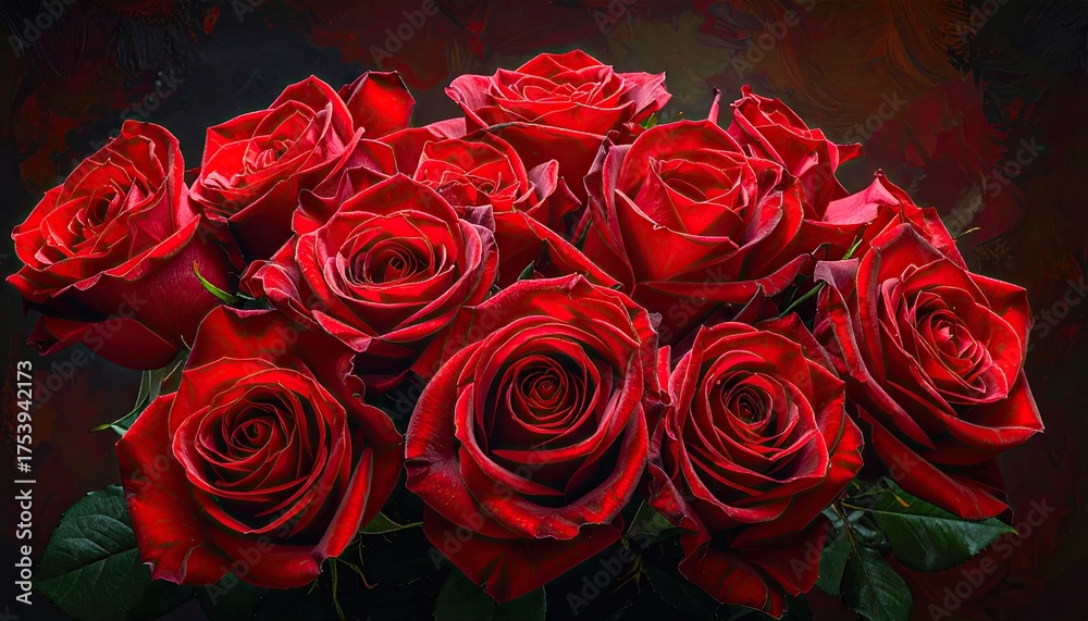 Obraz premium Lush Bouquet of Deep Red Roses with Sparkling Dew Drops on Dark Textured Background