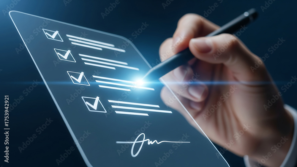 Fototapeta premium Digital signature on futuristic checklist interface