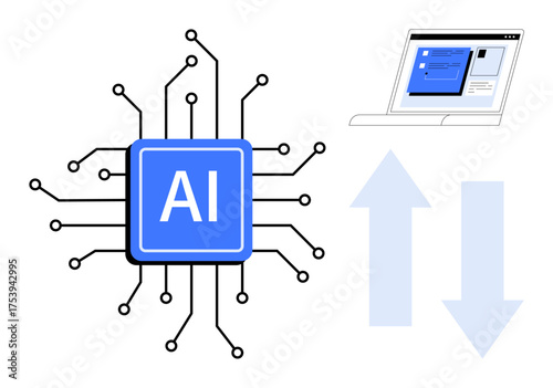 AI chip with electronic circuit pathways, laptop screen showing UI, and arrows indicating data exchange. Ideal for technology, innovation, networking, machine learning, automation, software future