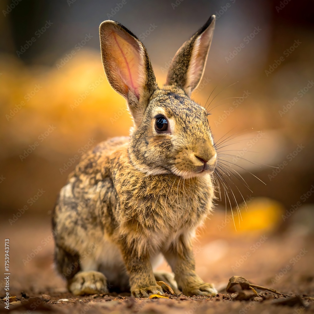 Fototapeta premium A fluffy brown rabbit sitting upright, ears perked, with a soft background