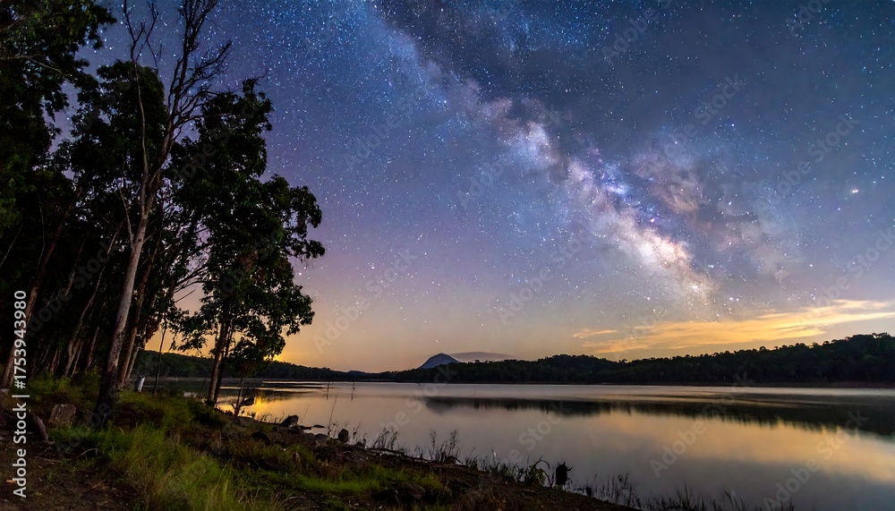 Fototapeta premium Starlit sky reflected in tranquil water with silhouetted trees