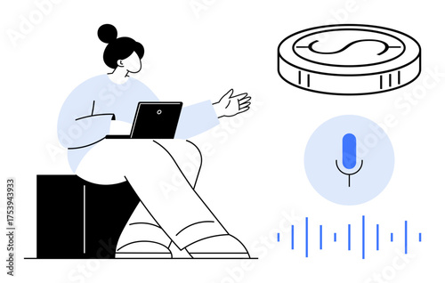 Woman engaging with laptop, microphone icon, sound waves, and coin. Ideal for technology, remote work, fintech, communication, digital economy online education simple flat metaphor