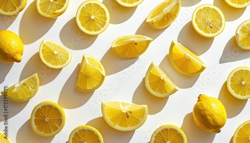Lemon Slices Pattern Flat Lay on White Background Bright Sunlight