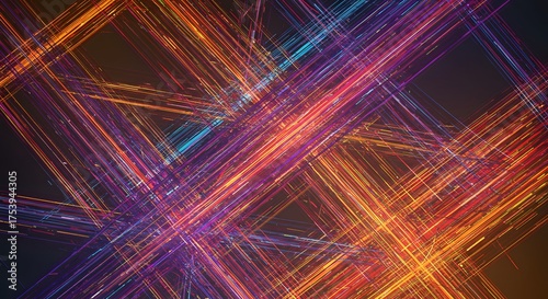 Abstract artwork features colorful, intersecting lines against a dark background, evoking motion