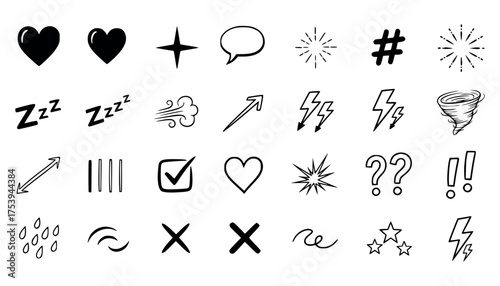 Vector art of a collection of handdrawn doodle icons and symbols isolated on a, including hearts, stars, lightning, and checkmarks