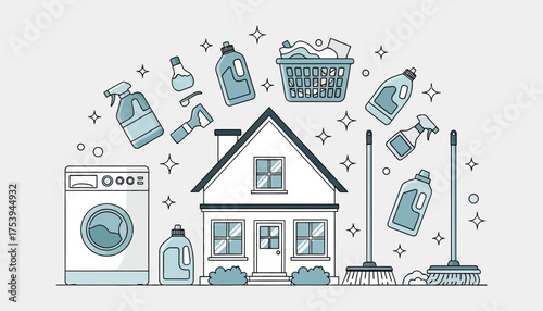 Vector art of a collection of cleaning supplies and tools arranged around a house illustration, including a washing machine, bottles, brooms, and a laundry basket