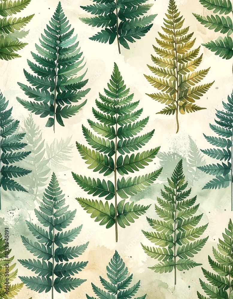 Obraz premium Watercolor illustration of ferns arranged in a repeating pattern