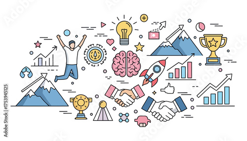 Vector art of business startup concept with elements like brain, lightbulb, rocket, handshake, graph, mountain, trophy, and happy person jumping