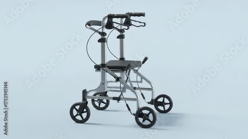 A modern walker with four wheels, a seat, and hand brakes, displayed on a light blue background, angled for visibility