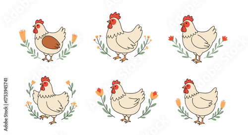 A collection of charming illustrations featuring fluffy hens surrounded by delicate floral arrangements.