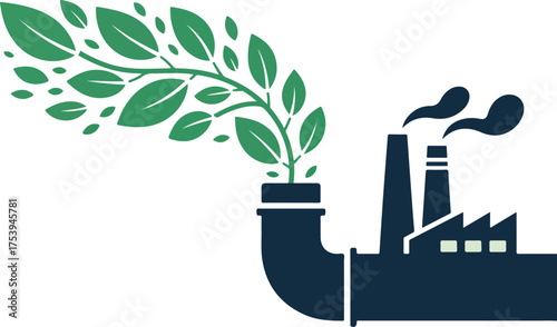 Factory chimney releasing green leaves symbolizing environmental protection and clean energy