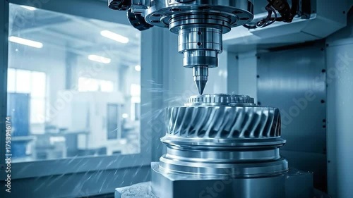 Metalworking with Precision Drilling Machine and Spiral Gear Production in Blue Toned Industrial Setting with Focus on Precision Engineering and Manufacturing Processes
