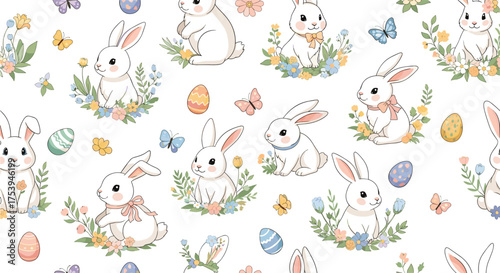 A charming collection of adorable bunnies surrounded by flowers and easter eggs.