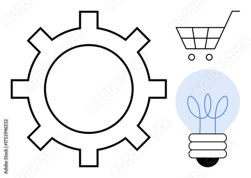 Gear, shopping cart, and light bulb representing problem-solving, innovation, business, technology, shopping, creativity and engineering. Ideal for development marketing ideas and teamwork