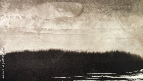 ink and brush dripping inspired by space, hand-drawn banner-sized drawing, abstract patterns reflected on water