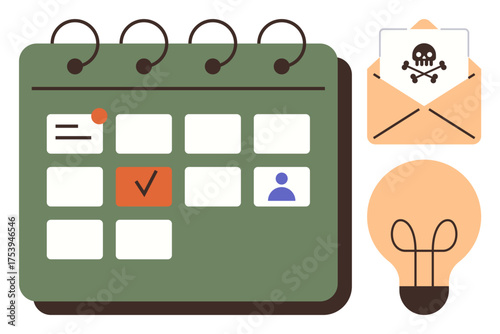 Green calendar with tasks and icons, alert envelope with crossbones, light bulb. Ideal for productivity, reminders, alerts, planning, innovation scheduling brainstorming. A simple flat metaphor