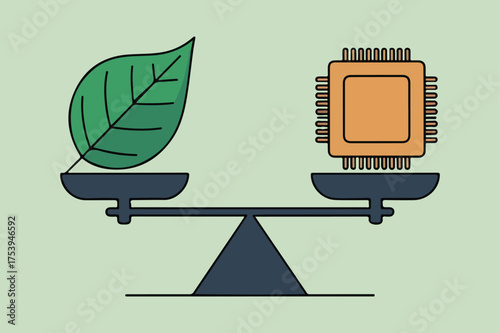 Nature and technology balanced on a scale depicting ecological and digital harmony