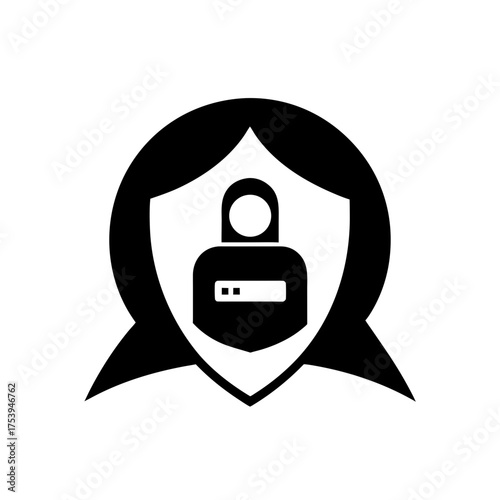 Shielded figure with lock and hair shape on transparent background silhouette