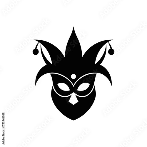 A black and white jester mask illustration on transparent background silhouette