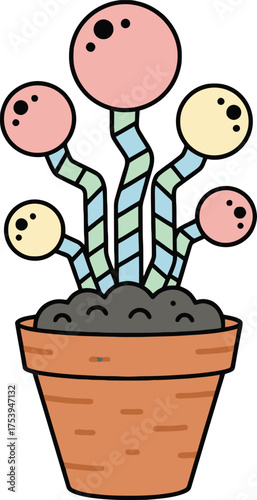 Whimsical potted plant with colorful round fruits on striped stems in an orange pot on a white background