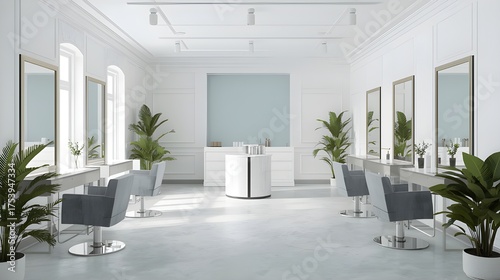 Modern Minimalist Salon Interior Natural Light White Blue Design Luxury Aesthetic