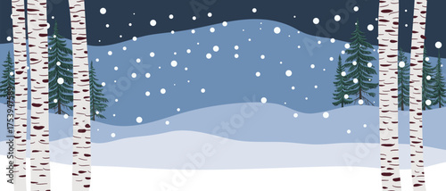 vector drawing winter landscape with snow and birch trees, hand drawn illustration,cover background