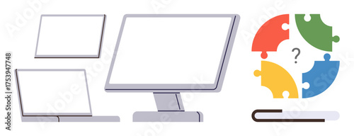 Desktop monitor, laptop, tablet, colorful puzzle pieces, and book combining concepts of digital technology and knowledge. Ideal for education, innovation, collaboration, learning analysis strategy