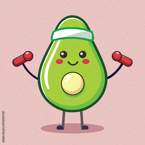 Funny fitness avocado mascot doing workout with weights