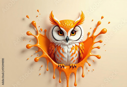 Splash Owl: Vibrant Orange Burst on Beige Background