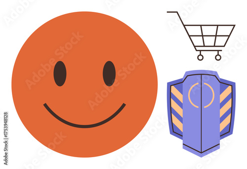 Orange happy face, minimalist shopping cart, and shield emphasize happiness, e-commerce, and security. Ideal for customer satisfaction, safety, online shopping, trust commerce positivity