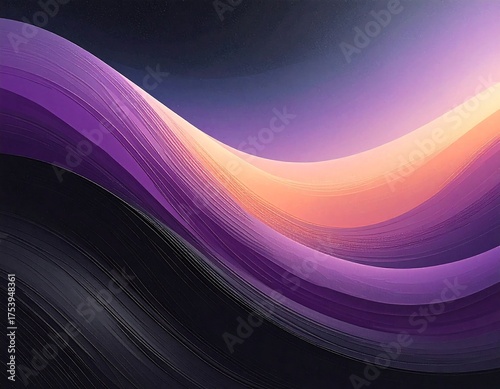 Abstract artwork features layered waves of color, blending dark gray to vibrant purple and orange hues