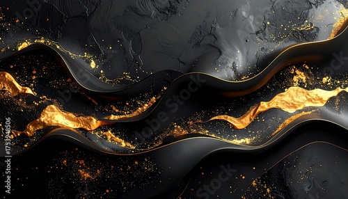 Abstract artwork features swirling black shapes with flowing golden accents & textured backdrop