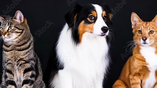 Three pets, a tabby cat, a tri-colored dog, and an orange cat, against a black backdrop