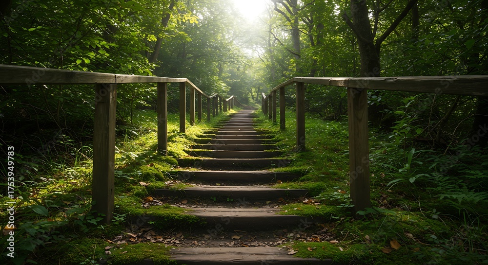 Obraz premium Wooden staircase leads through lush green forest bathed in sunlight