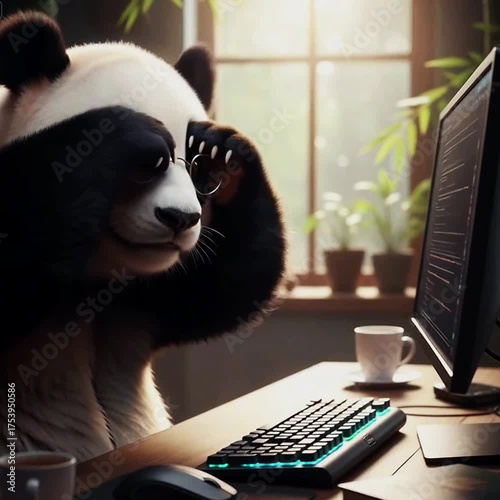 An anthropomorphic panda wearing round glasses is sitting at a desk, looking intently at a computer screen while typing on a mechanical keyboard in a sunlit, indoor office setting.