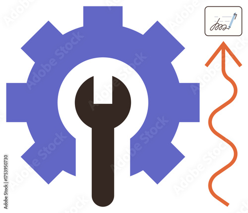 Gear with wrench suggests tools or solutions, wavy arrow signifies upward growth or progress, and document icon represents paperwork or planning. Ideal for innovation, technology, repair, workflow