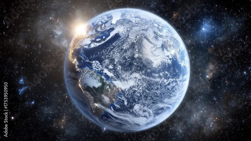 A stunning depiction of Earth as seen from space, with clouds swirling. Bright sunlight illuminates the planet against a backdrop of stars