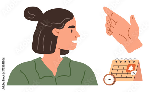 Woman looking sideways, hand pointing toward a calendar with an alarm symbol and clock. Ideal for scheduling, organization, planning, time management, deadlines, productivity, simple flat metaphor
