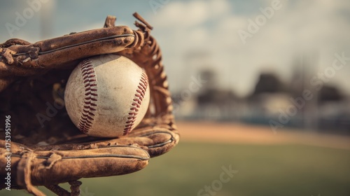 Close-up of baseball glove catching a ball with blurred field