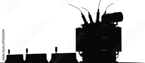 Electrical transformer silhouette, high voltage substation equipment, power distribution system, circuit breakers, insulators, industrial energy infrastructure, electricity grid