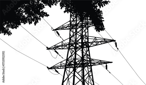 Electrical transmission tower silhouette with power lines, high voltage pylon structure, energy infrastructure, electricity grid system, industrial utility network,