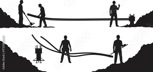 Underground cable installation workers, construction team handling electrical cables, trench maintenance, teamwork safety equipment, utility infrastructure repair, power line service, engineering 