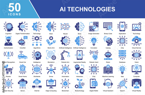 Artificial Intelligence Technologies icon set featuring icons for AI, machine learning, automation, big data, and cybersecurity. Perfect for tech, robotics, and data-driven innovation projects.