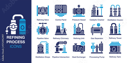 Refining Process Icon set. Containing petrochemical, gas, manufacturing, production, pipeline, processing, chemical and more. Solid vector icons collection. Vector illustration.