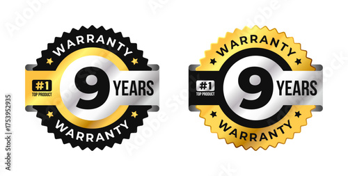 Premium 9 years warranty badge vector with black, gold and silver colors. Perfect for product guarantee, quality assurance, label, or certification design